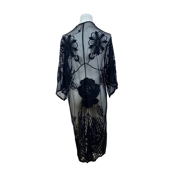 ReeBees Black Lace Womens Kimono Floral Embroidered Cardigan Duster Cover-Up OS - Picture 4 of 7